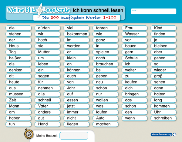 Meine Blitzlesekarte - Die 100/200 häufigsten Wörter - Lerntafel ohne Stift