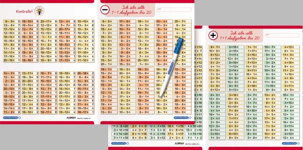 VK - Ich übe alle Additionsaufgaben + Ich übe alle Subtraktionsaufgaben im Zahlenraum bis 20 im Set - Lerntafel mit Stif