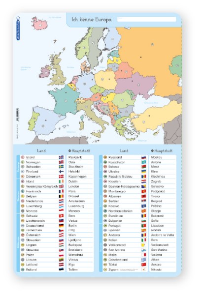 Ich kenne Europa - Länder und Hauptstädte - Lerntafel ohne Stift
